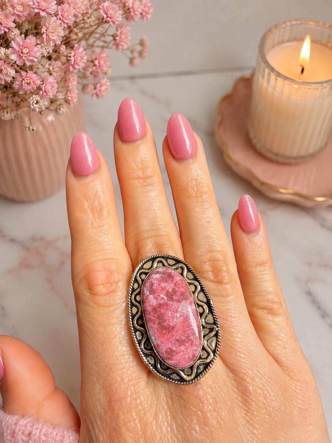 Rosa de los Andes — Pink Rhodonite Statement Ring