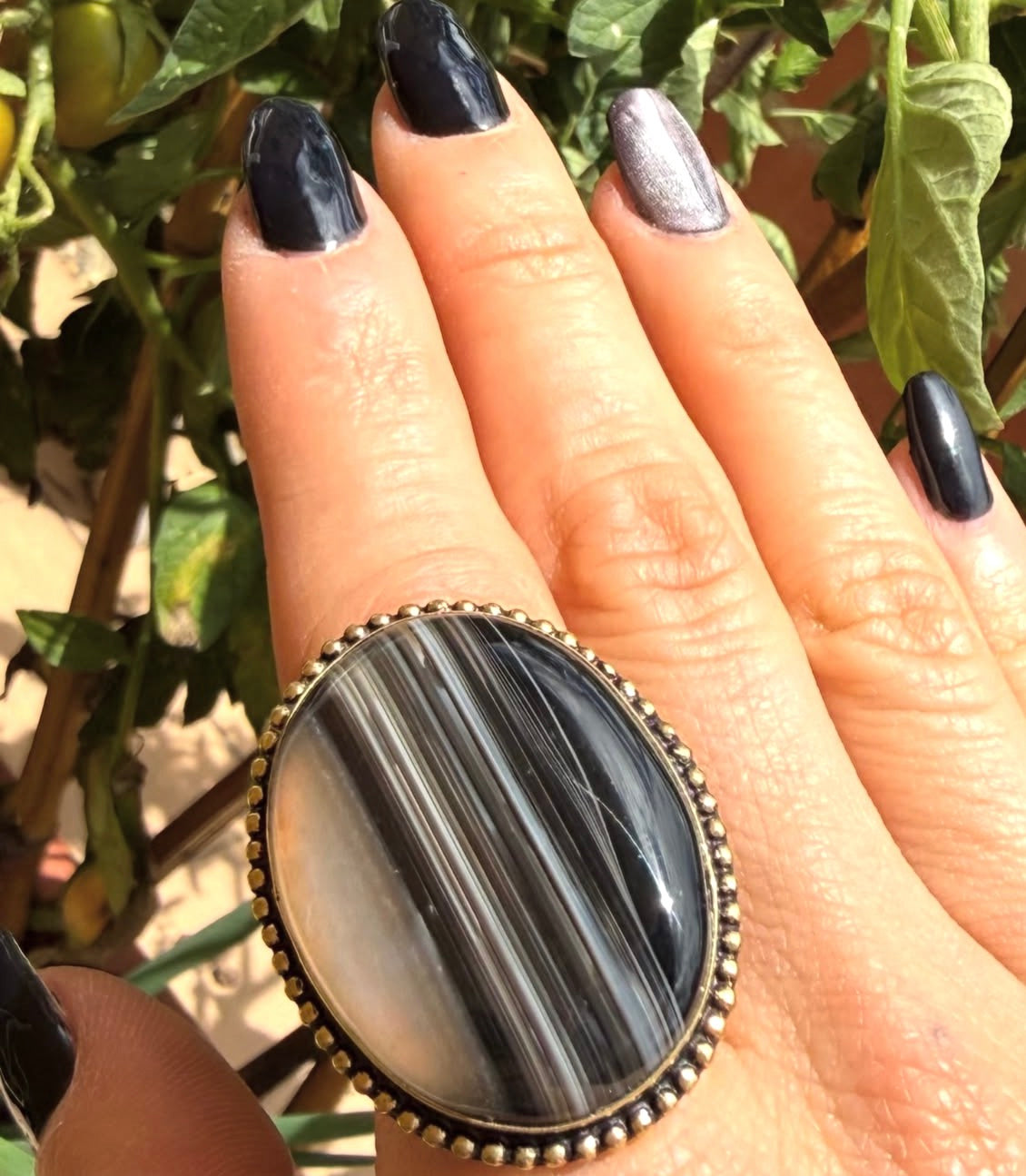 Equilibrio — Banded Black & White Onyx Ring