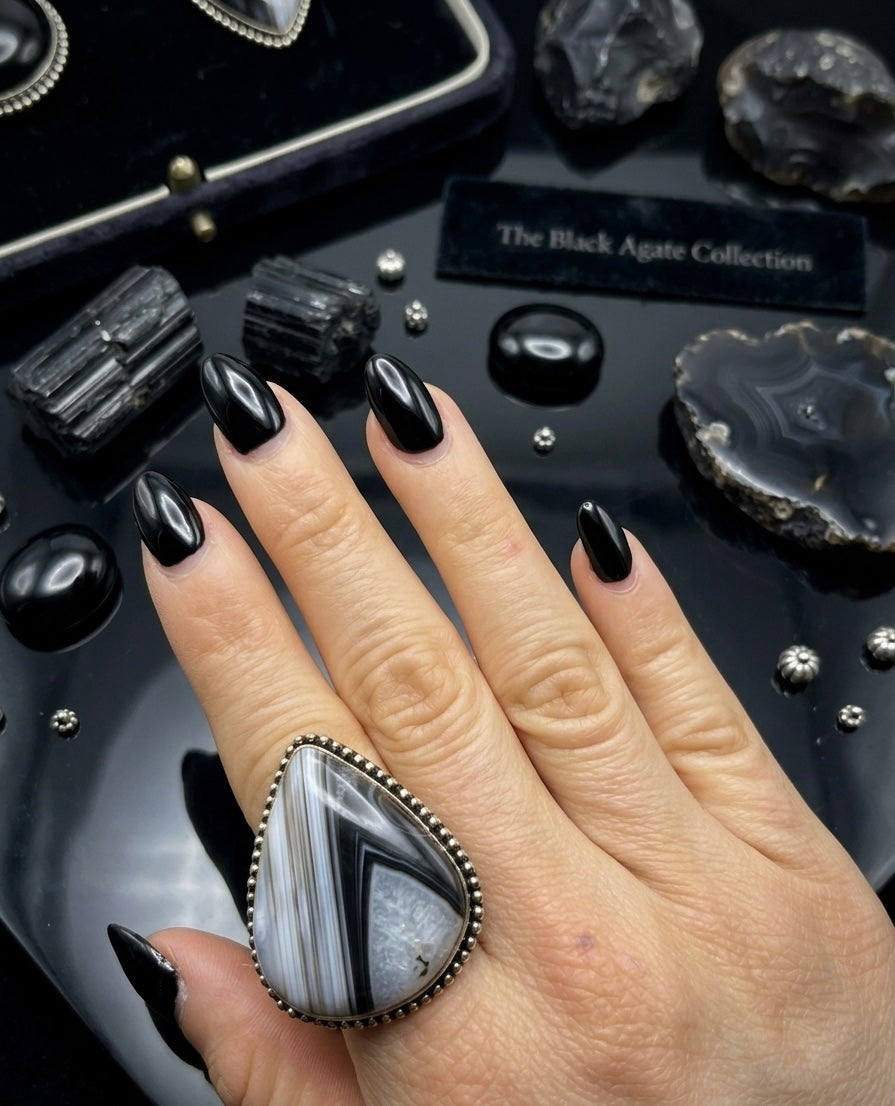 Velo — Banded Black & White Agate Teardrop Ring