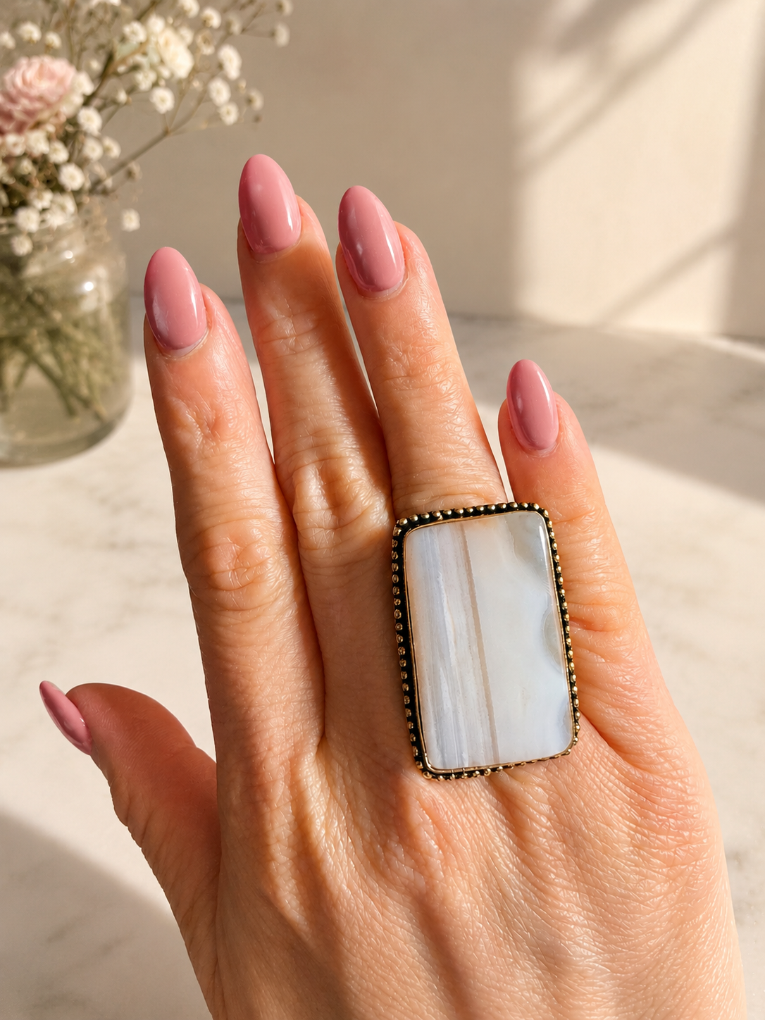 Neblina — Cream White Agate Rectangle Ring