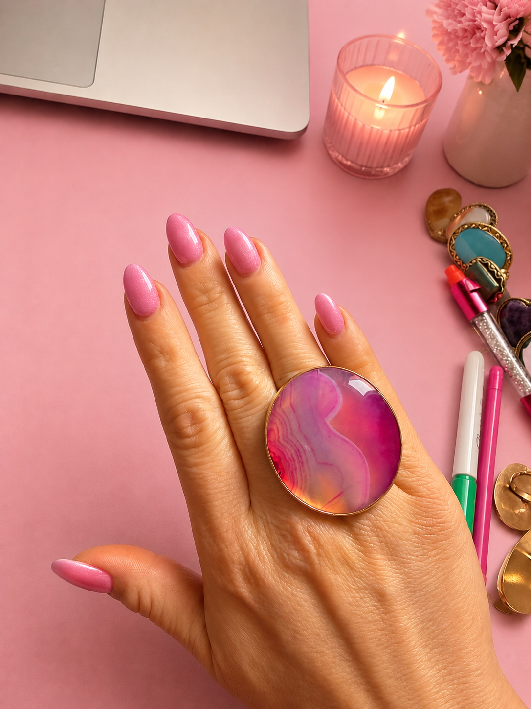 Galaxia — Pink & Purple Swirl Agate Round Ring