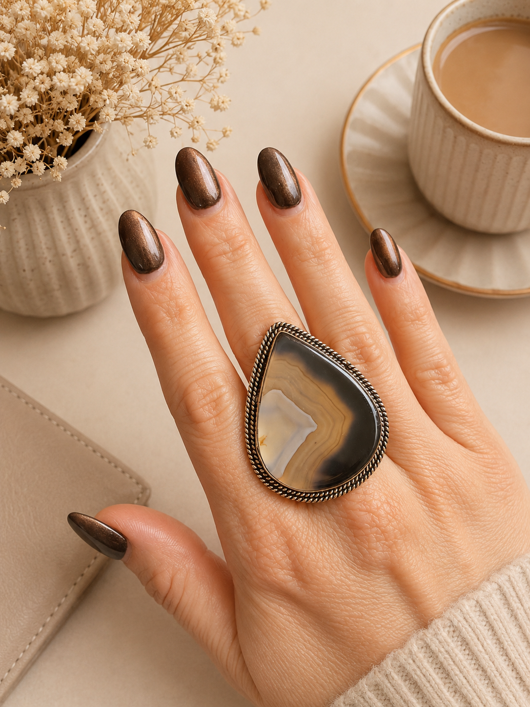Cometa — Black & Honey Banded Agate Teardrop Ring
