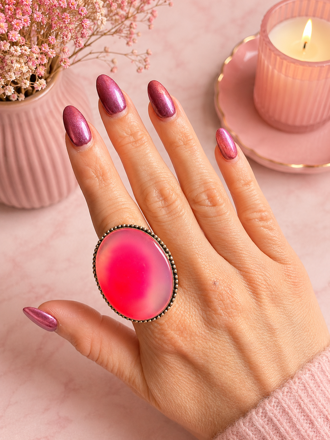 Rosa Eléctrica — Bright Pink Agate Ring